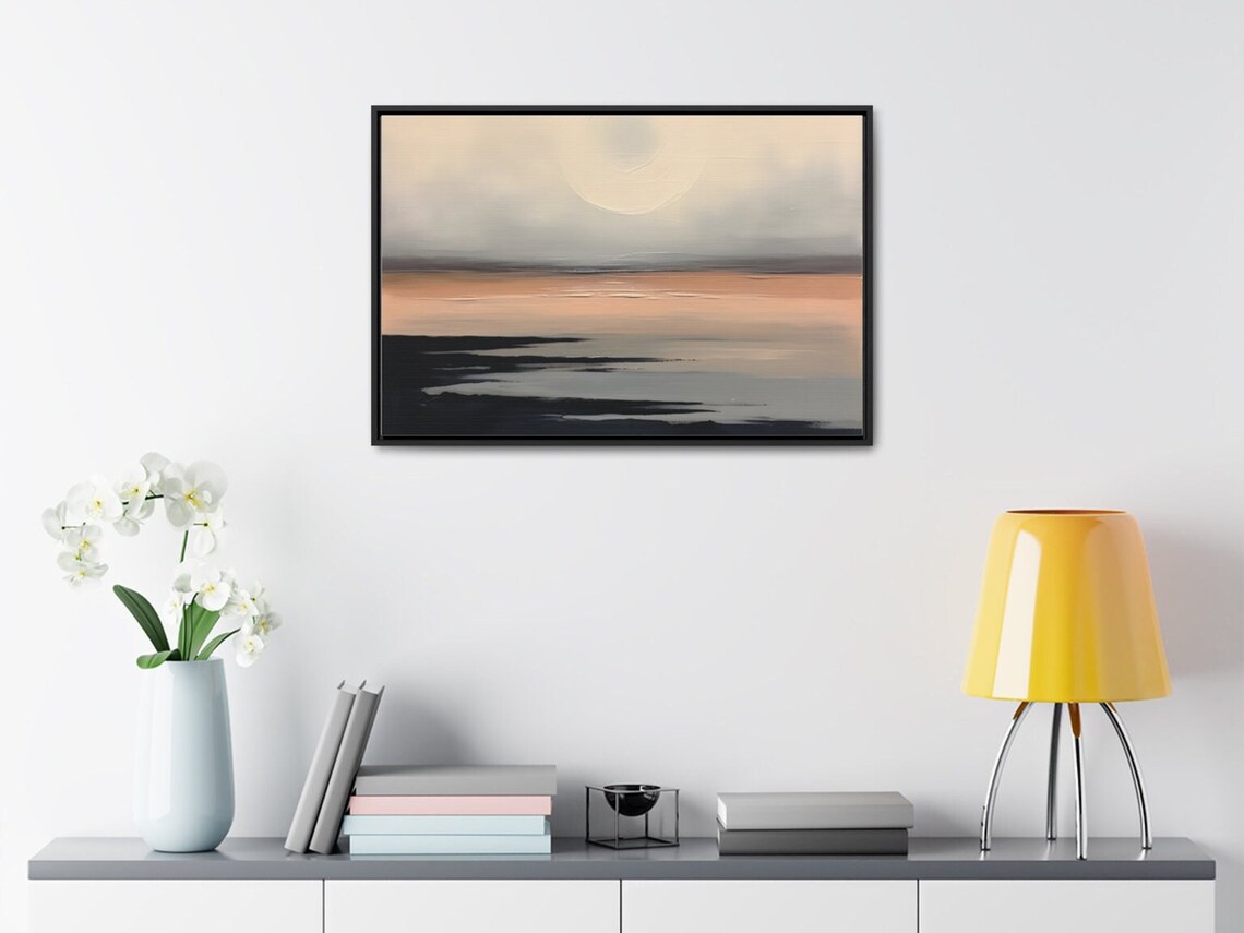 Soft Sunset Over Dark Sea Gray Minimalist Calm Ocean Art Poster