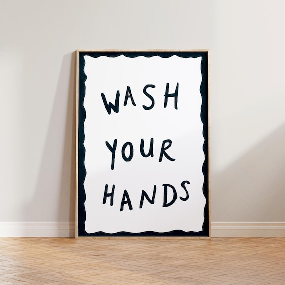 Wash Your Hands Hand Painted Navy Typography Bathroom Decor Poster