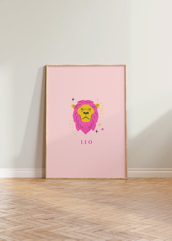 Leo Zodiac Star Sign Colorful Pink Lion Illustration Art Poster