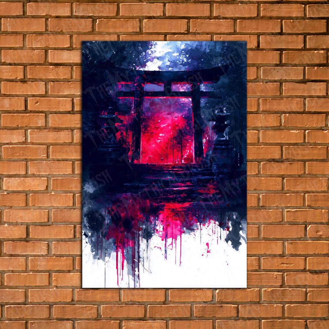 Red Torii Gate Night Dark Blue Pink Dripping Japanese Art Poster