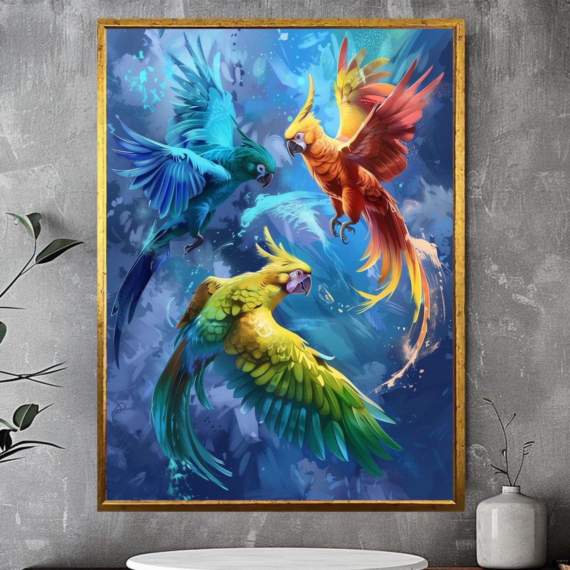 Three Colorful Parrots Flying in a Blue Sky Tropical Bird Art Print