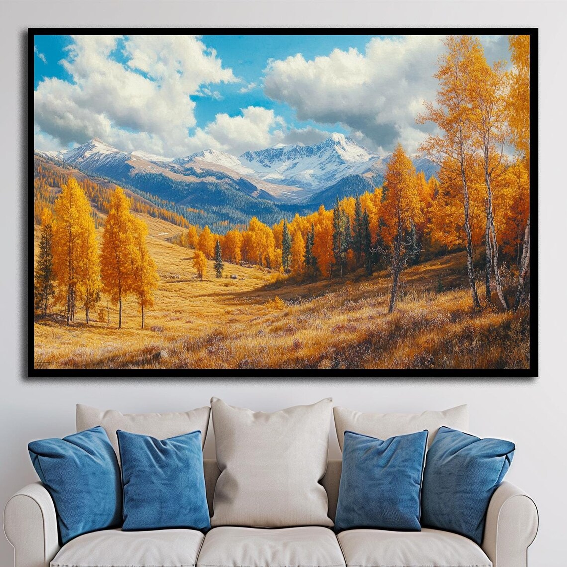 Golden Aspen Valley Snow-Capped Mountains Photorealistic Autumn Poster