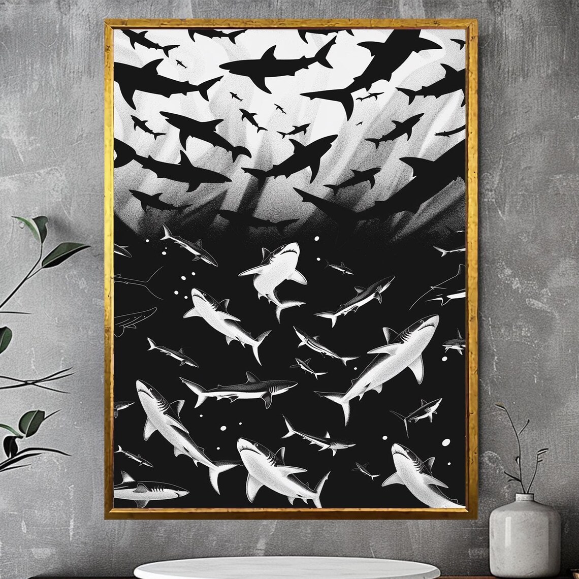 Black and White Shark School Swimming Ocean Monochrome Wall Art