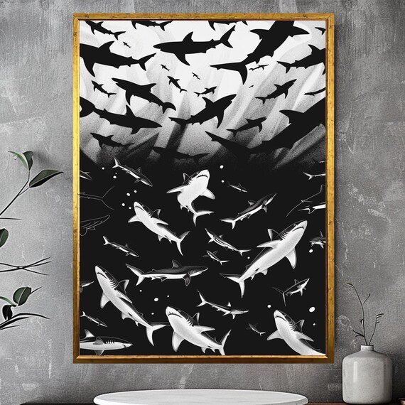 Black and White Shark School Swimming Ocean Monochrome Wall Art
