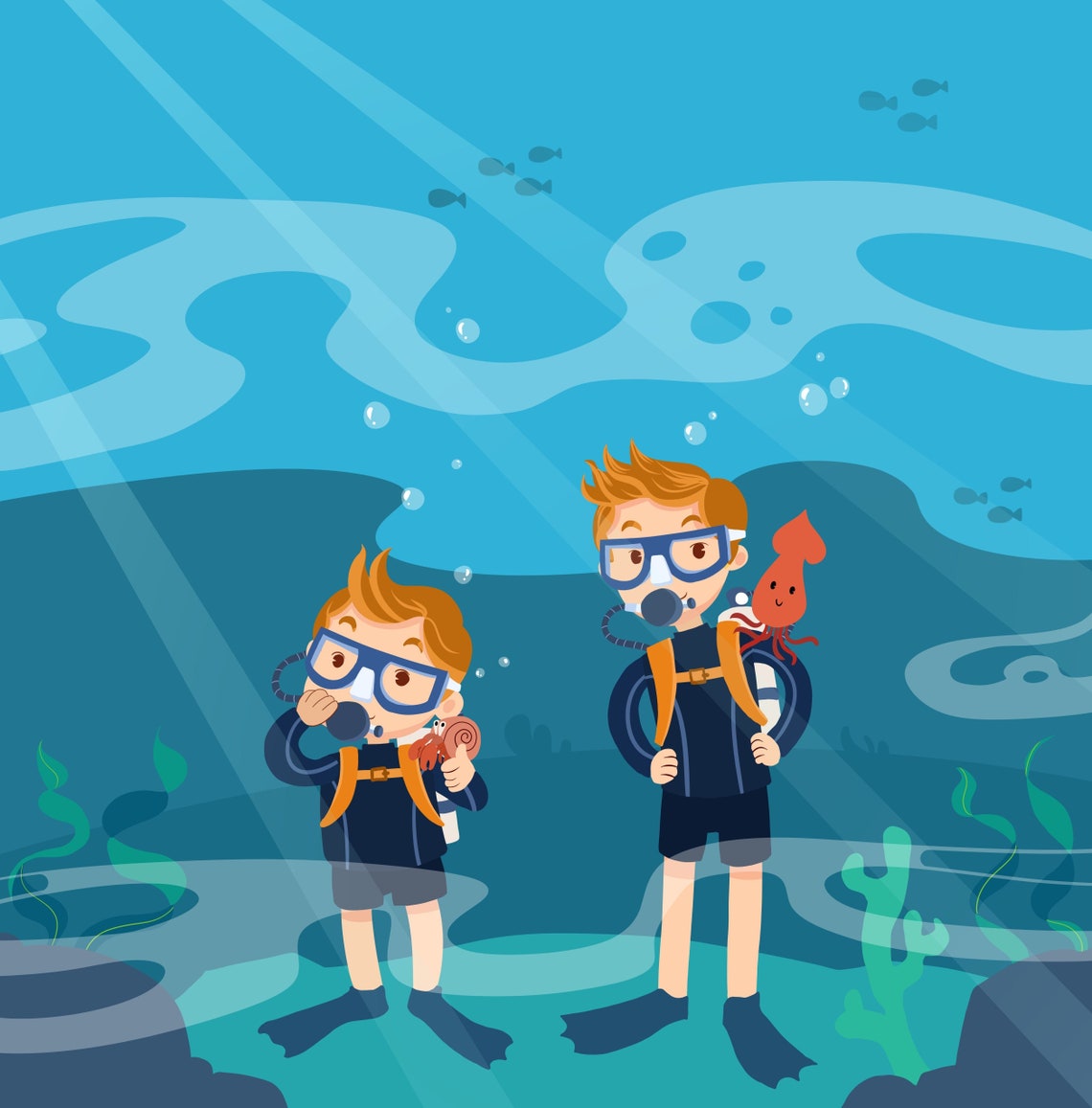 Two Cheerful Young Scuba Divers Exploring Bright Ocean Depths Poster