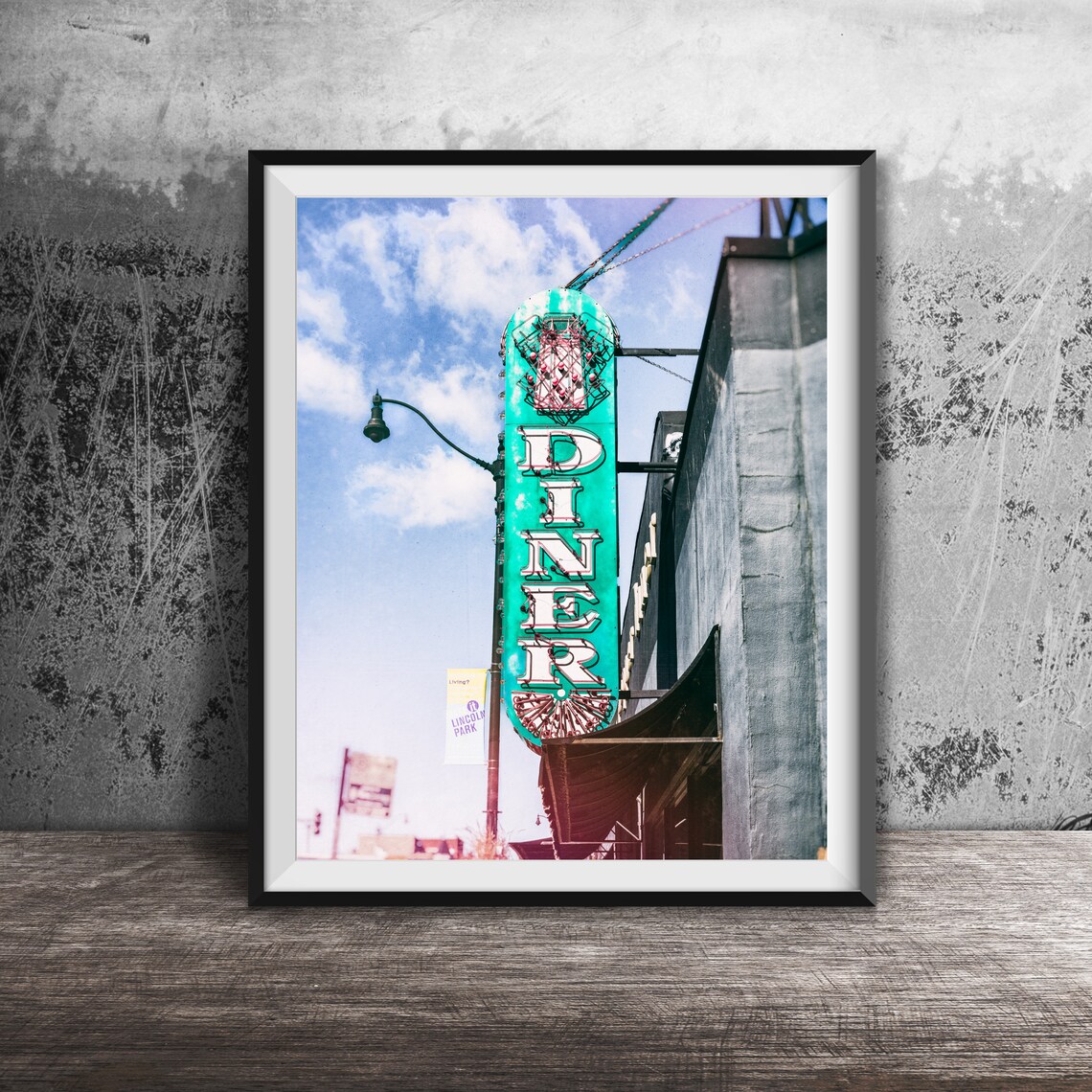 Vintage Green Diner Neon Sign Lincoln Park Chicago Street Poster