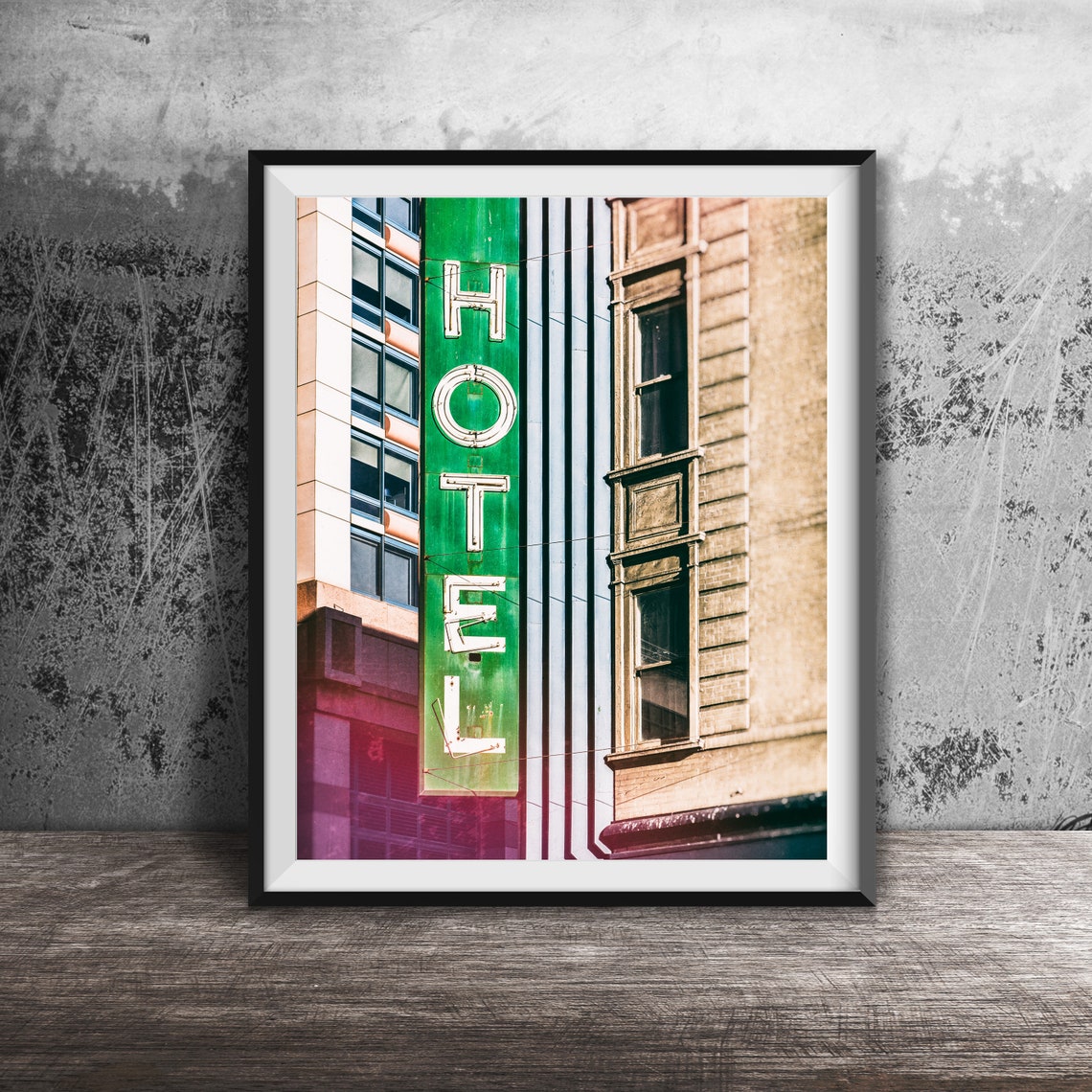 Vertical Green Neon Hotel Sign City Architecture Photography Poster