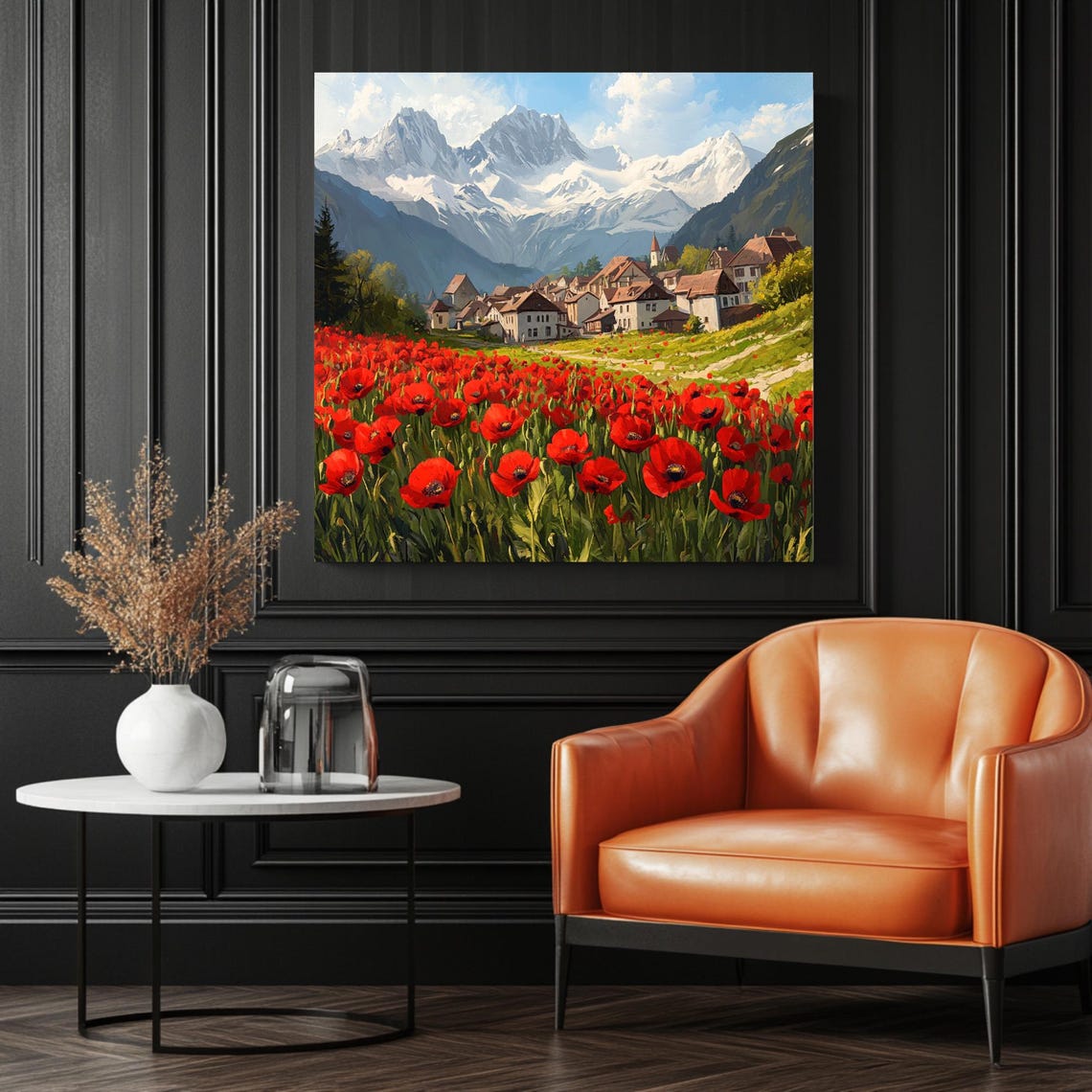 Poppy Field Mountain Landscape, Rustic Village Scene - Image 3
