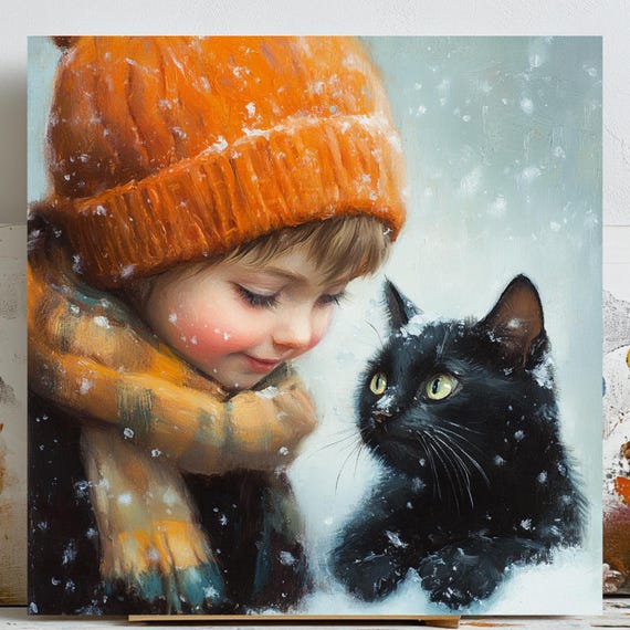 Cat And Girl Art Print, Girls Room Decor