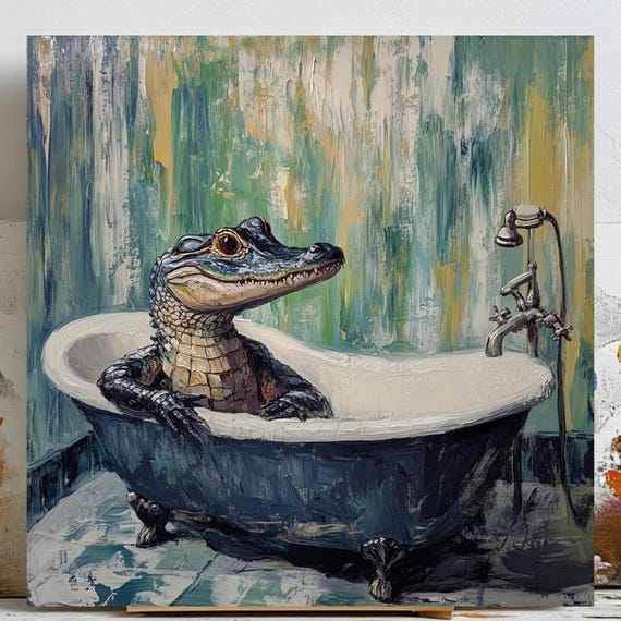 Crocodile In Bathtub Poster, Quirky Bathroom Decor