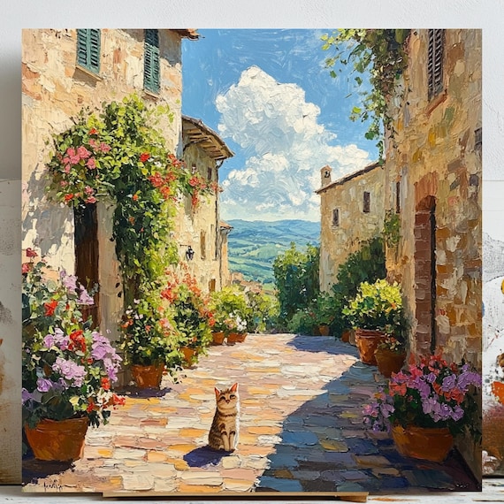 Floral European Street, Mediterranean Street Scene Art