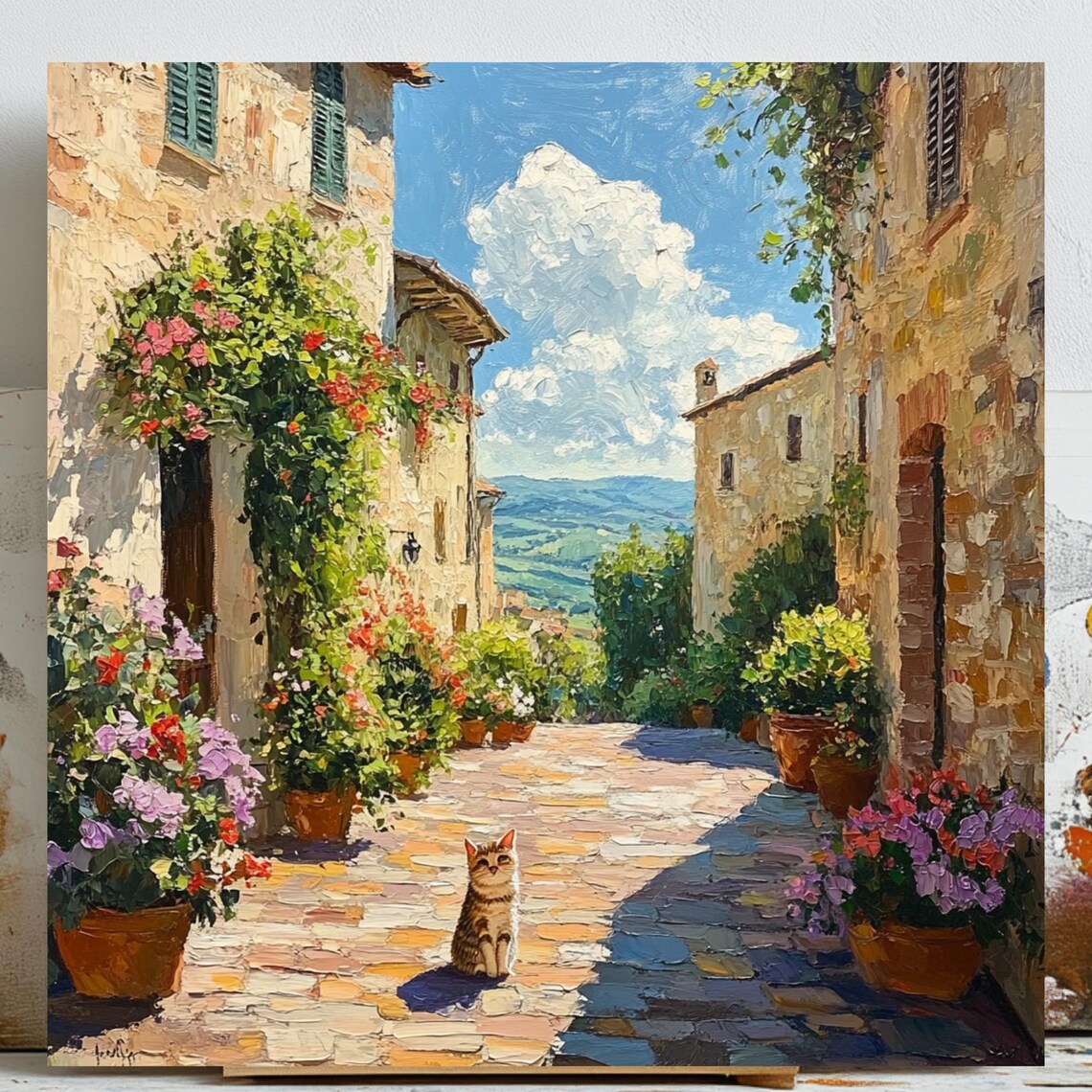 Floral European Street, Mediterranean Street Scene Art