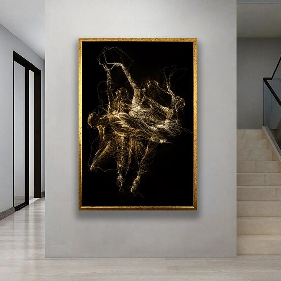 Golden Line Art Of Four Dancing Ballerinas Elegant Minimalist Ballet Inspired Drawing Modern Graceful Wall Print