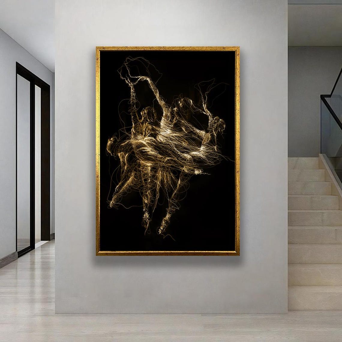 Golden Line Art Of Four Dancing Ballerinas Elegant Minimalist Ballet Inspired Drawing Modern Graceful Wall Print