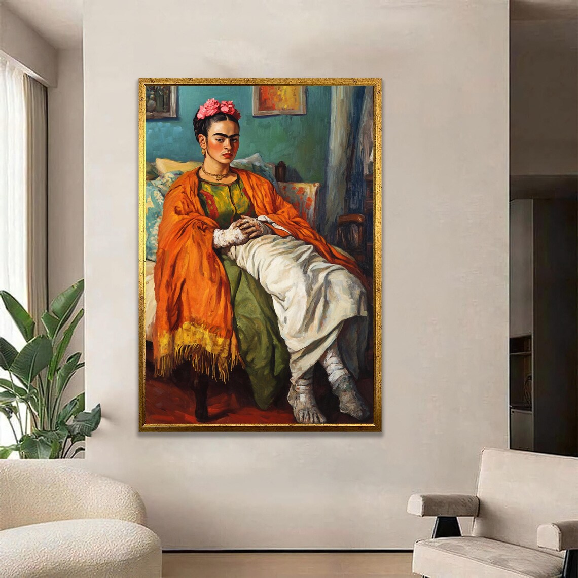 Frida Kahlo Seated Portrait Orange Shawl Flower Crown Art Poster