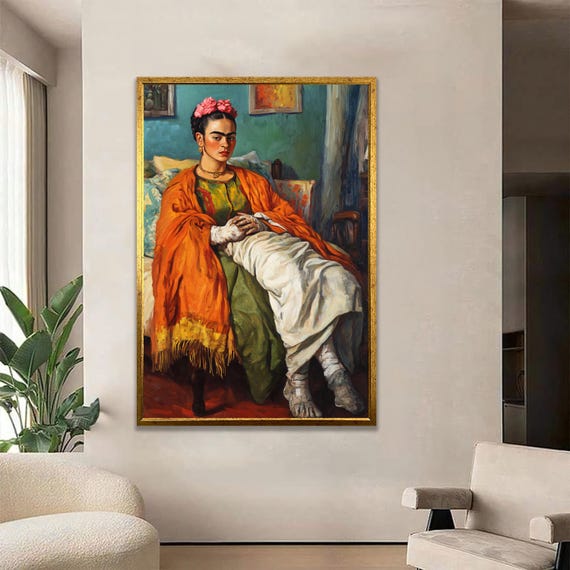 Woman With Orange Shawl Portrait Seated Lady Canvas Art Elegant Wall Decor