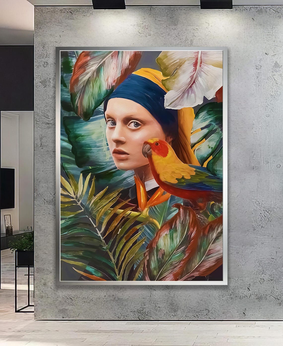 Woman With Parrot Tropical Leaves Vibrant Floral Portrait Poster