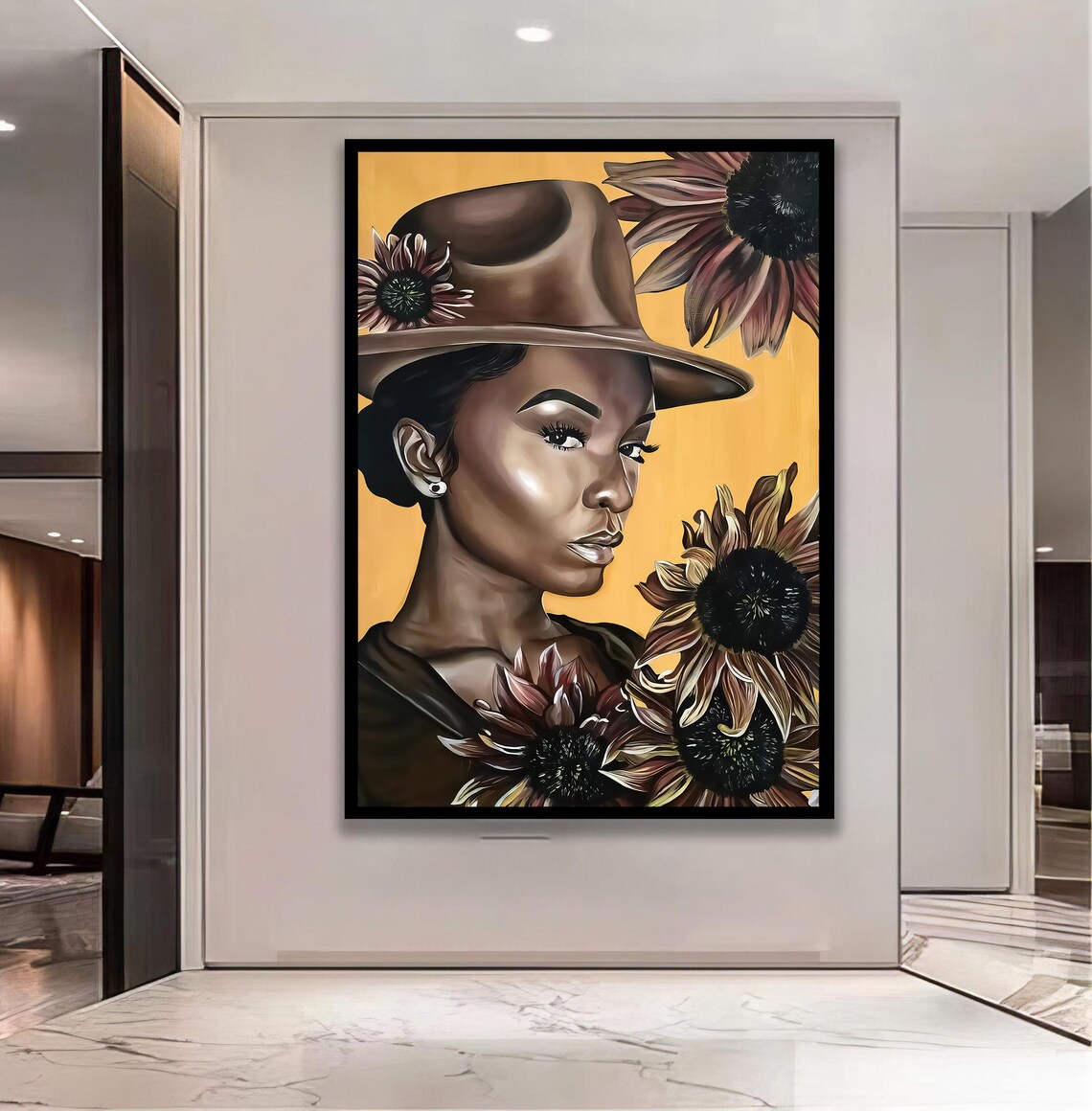 Golden Sunflower Lady With Brown Fedora Floral Portrait Poster