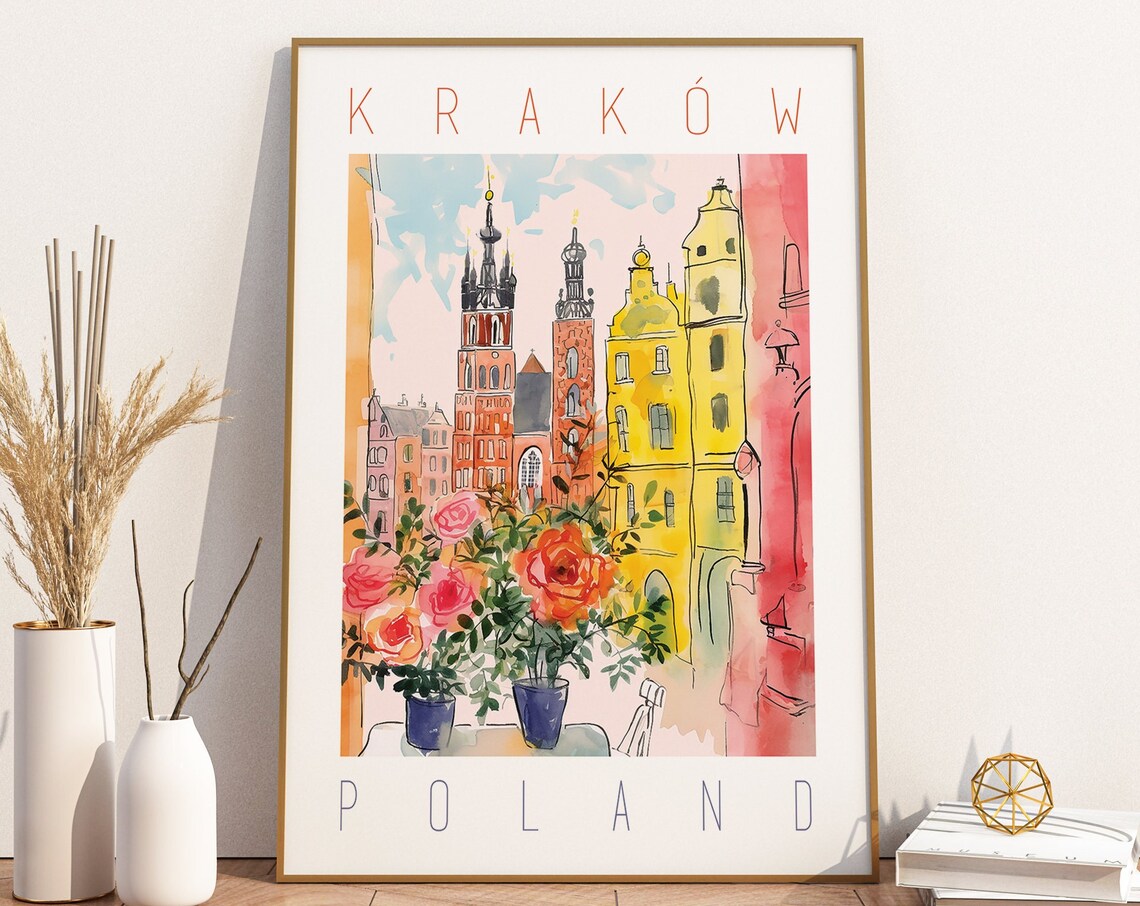 Krakow Poland Colorful Watercolor Travel Poster