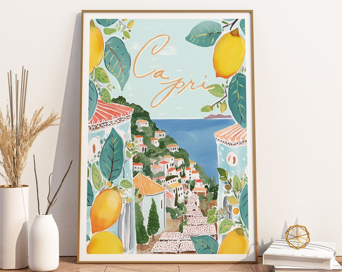 Capri Italy Amalfi Coast Lemon Grove Watercolor Summer Poster
