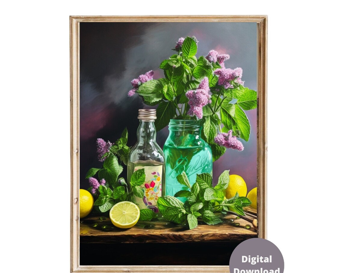 Green Glass Bottle with Lemons and Pink Flowers Still Life Poster