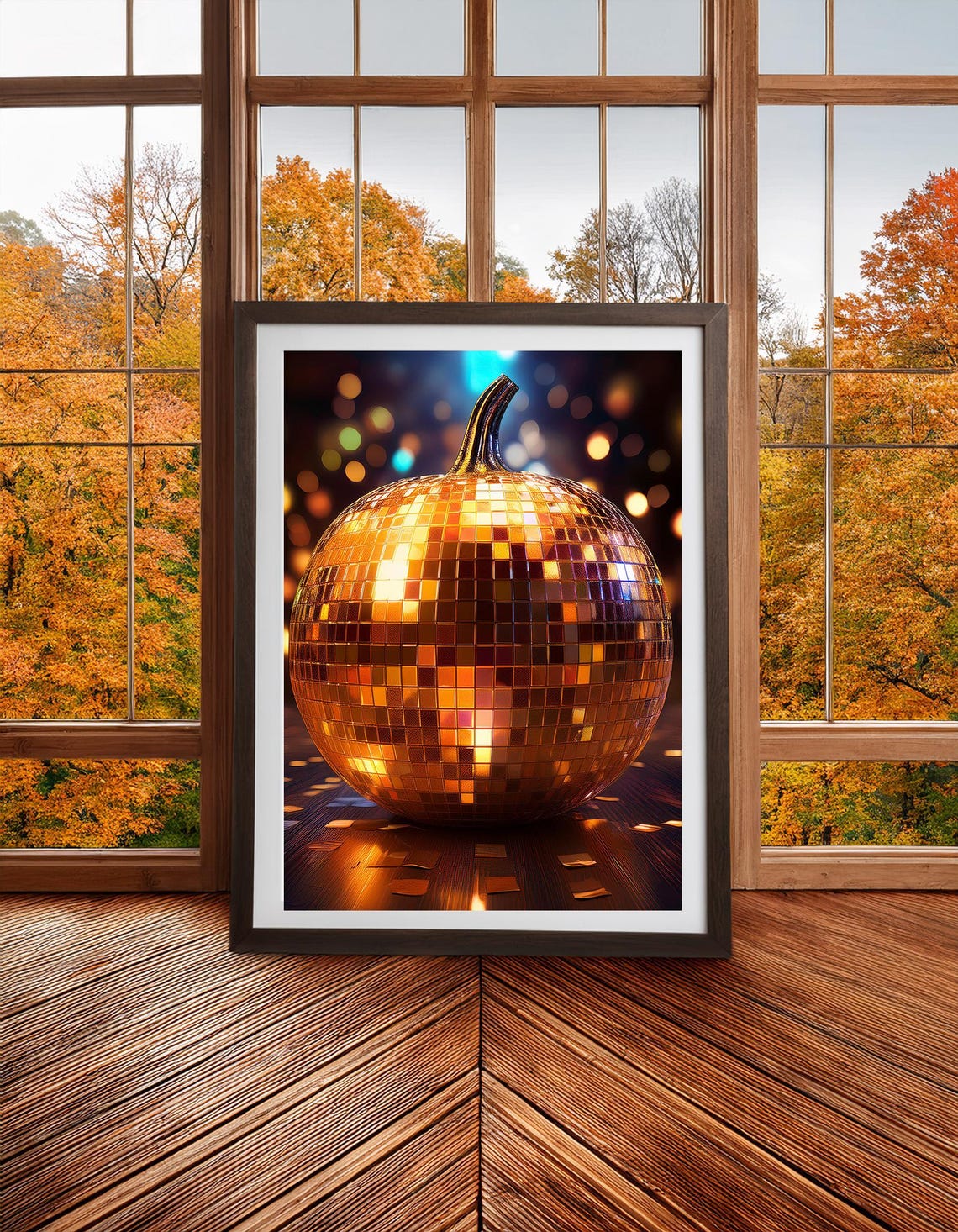 Disco Ball Pumpkin Mirror Tile Fall Party Night Scene Art Poster - Image 4