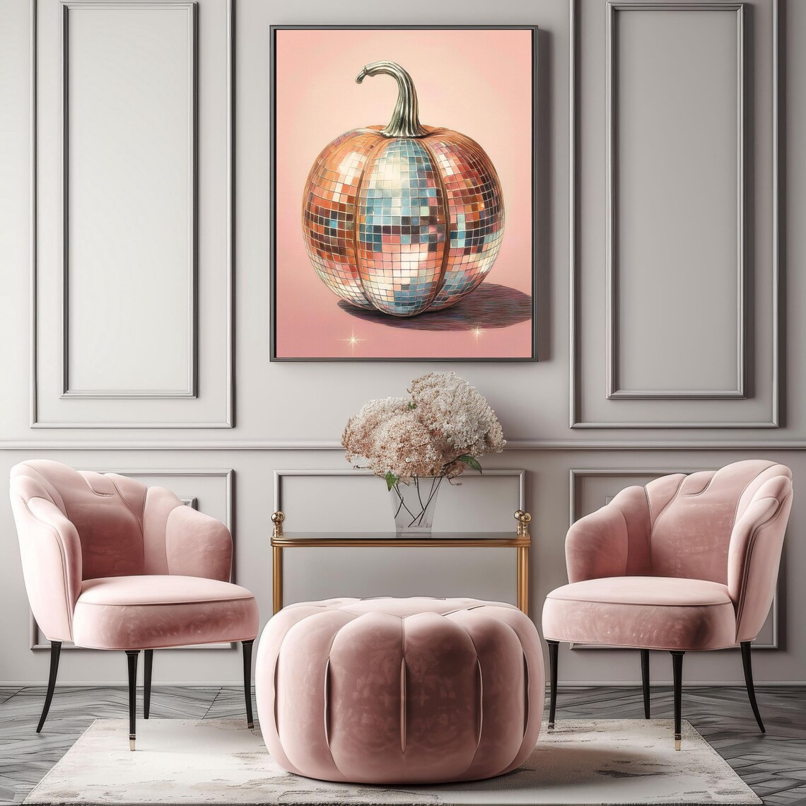Disco Ball Pumpkin Pink Sparkle Groovy Retro Fall Party Wall Art Poster