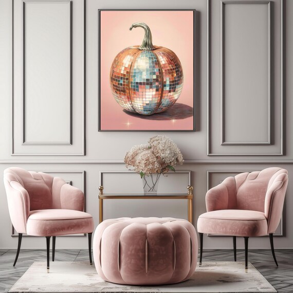 Disco Ball Pumpkin Pink Sparkle Groovy Retro Fall Party Wall Art Poster