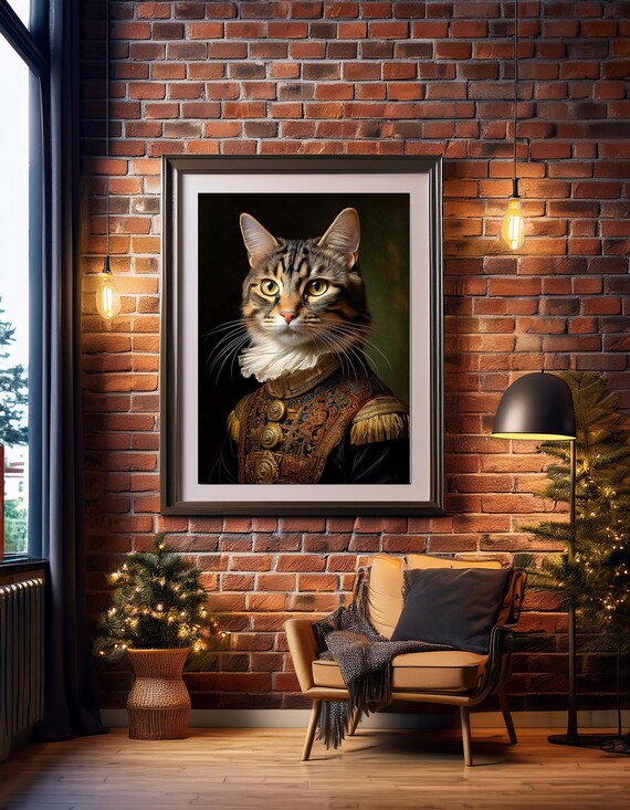Victorian Cat Portrait Tabby Military Costume Regal Funny Cat Wall Art Poster