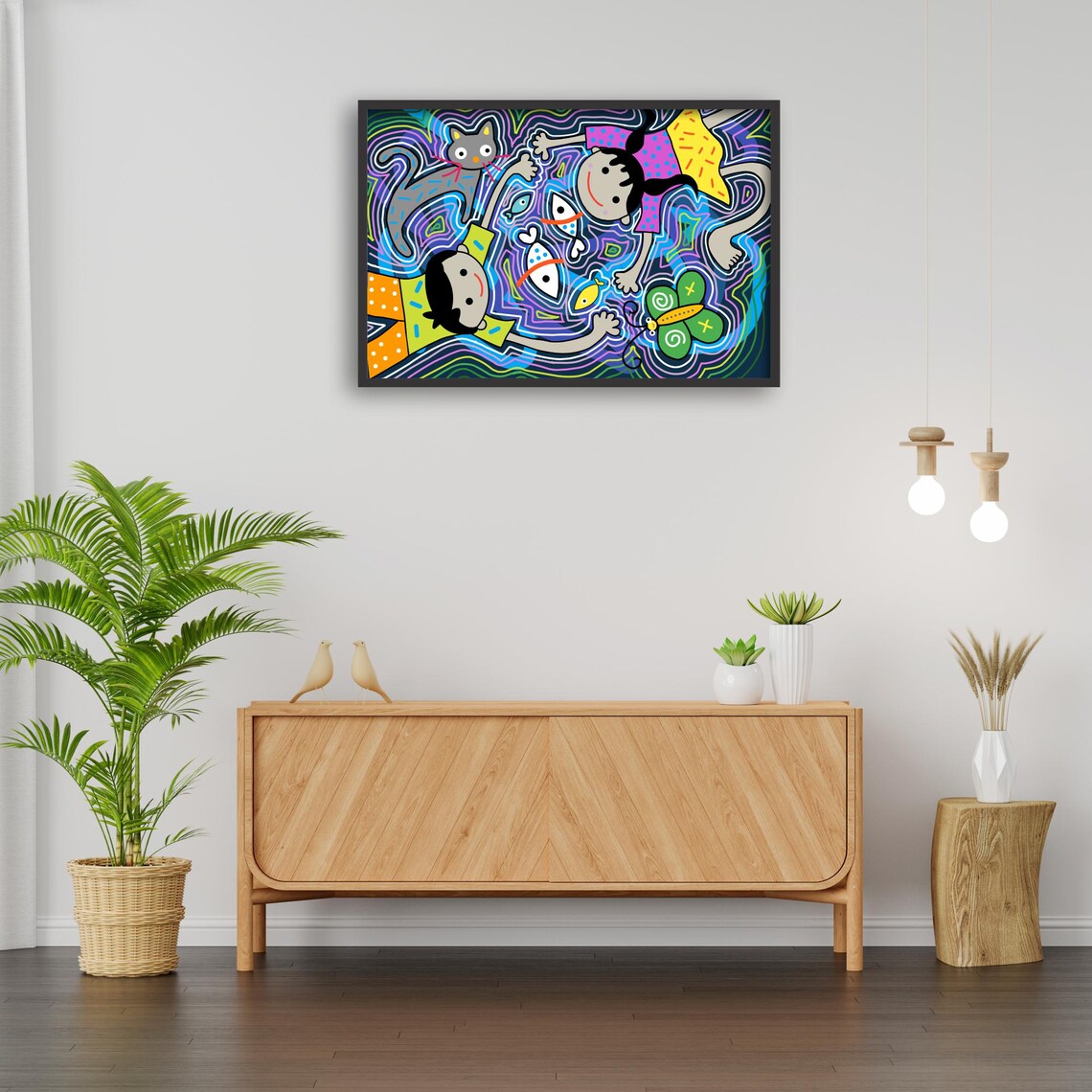 Whimsical Cat Fish Art, Boho Animal Decor - Image 3