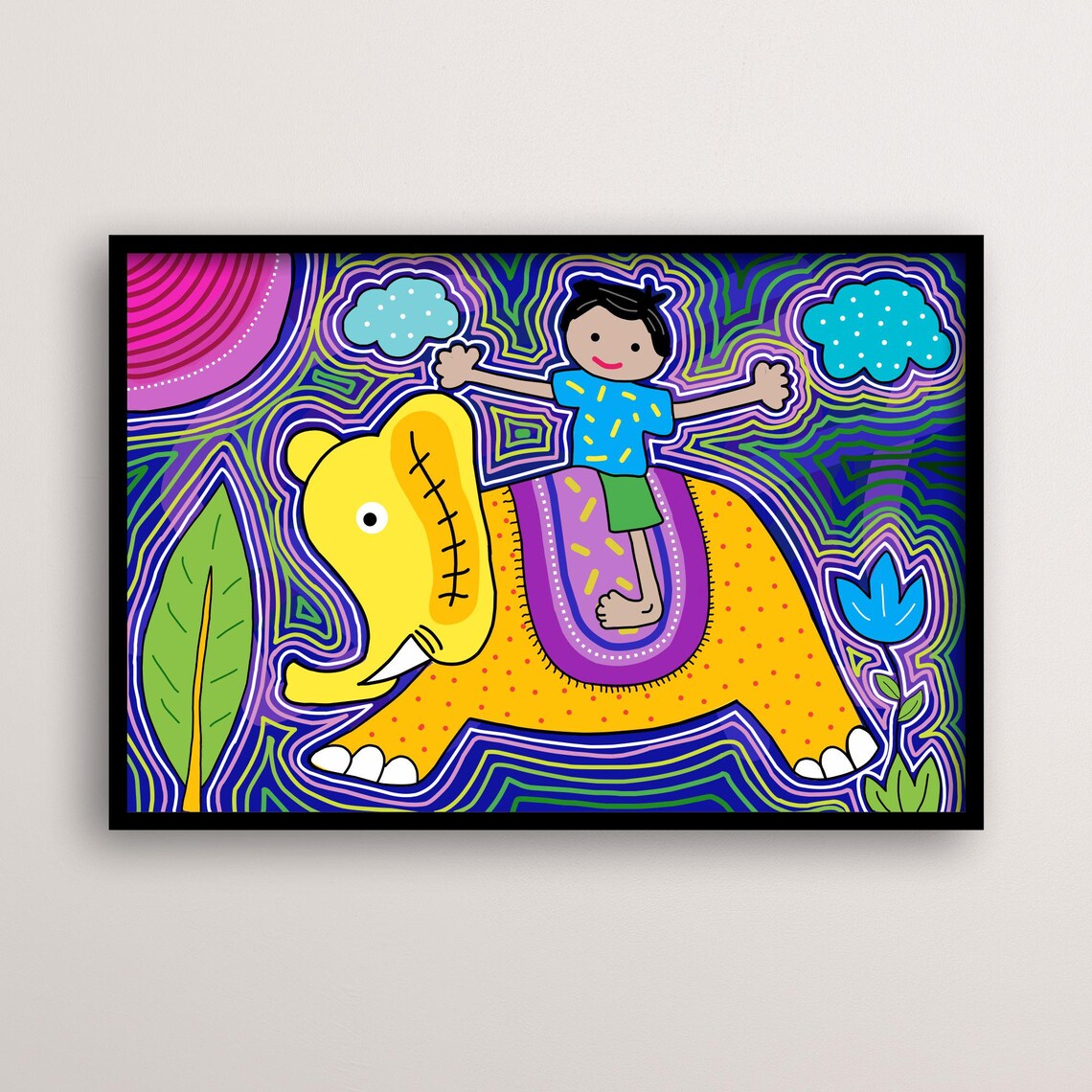 Elephant With Boy, Whimsical Jungle Art Print