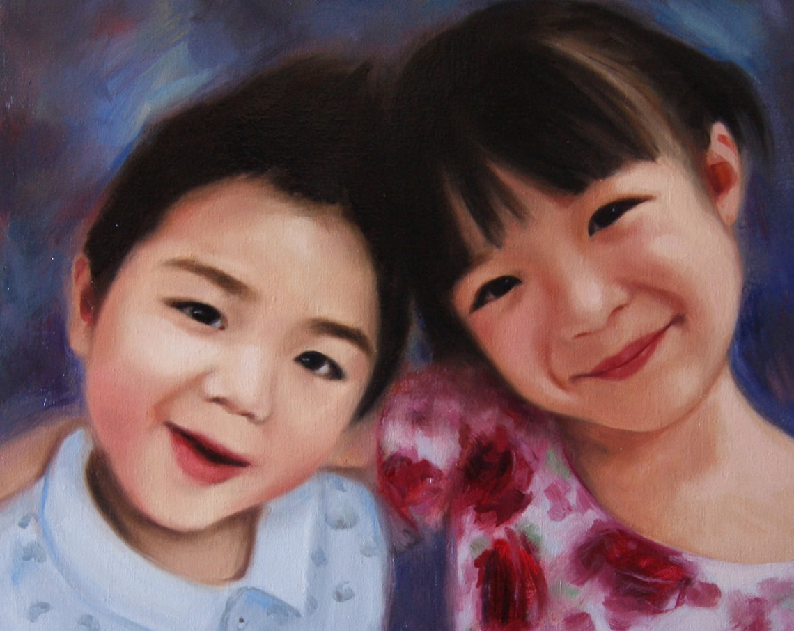 Two Smiling Young Children Siblings Colorful Oil Painting Portrait Poster