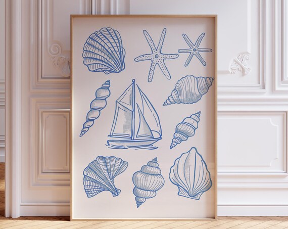 Blue Seashell and Sailboat Coastal Sketch Nautical Line Art Poster