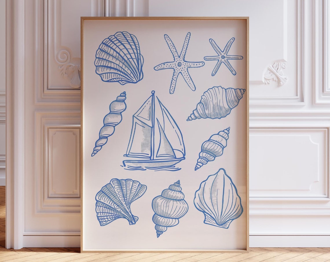 Blue Seashell and Sailboat Coastal Sketch Nautical Line Art Poster