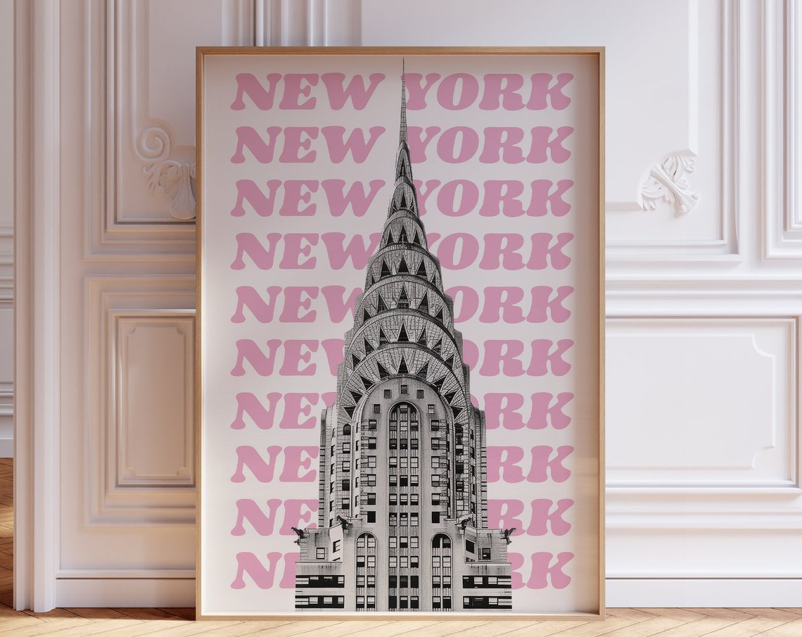 New York Chrysler Building Pink Retro Typography Travel Poster