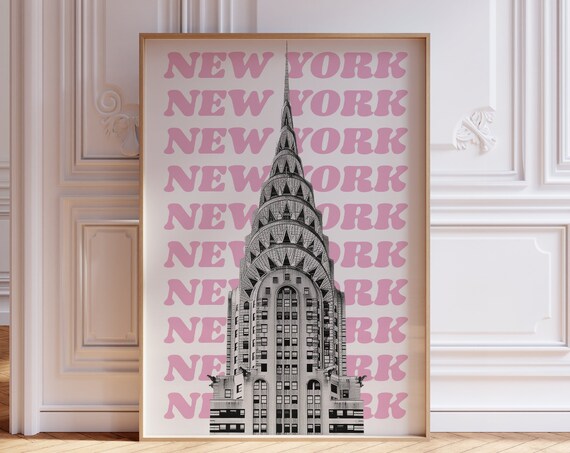 New York Chrysler Building Pink Retro Typography Travel Poster
