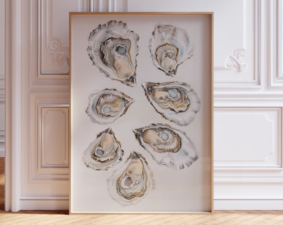 Watercolor Oyster Shells Cream Coastal Elegant Dining Room Art Poster