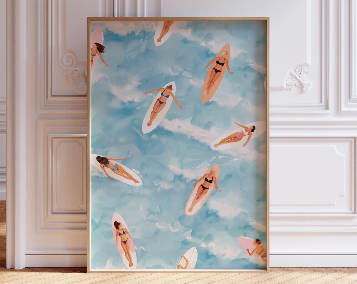 Surfer Girls Aerial Poster Blue Ocean Beachy Girly Coastal Art