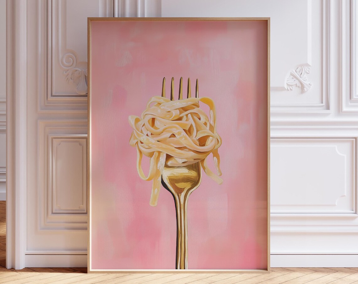 Pink Pasta Art Print, Cute Kitchen Decor