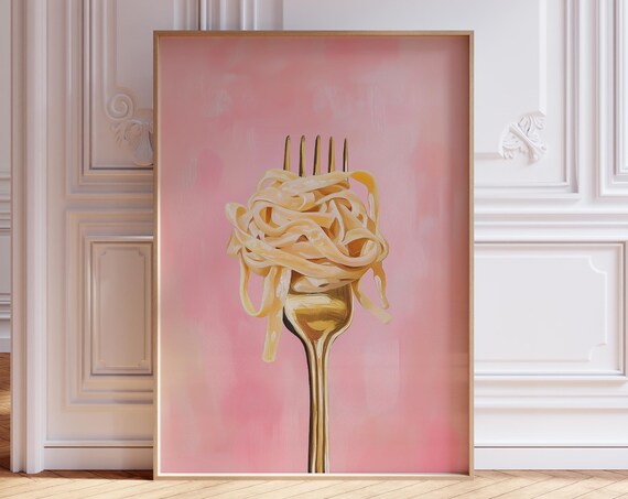 Pink Pasta Twirl on Golden Fork Modern Kitchen Food Painting Poster