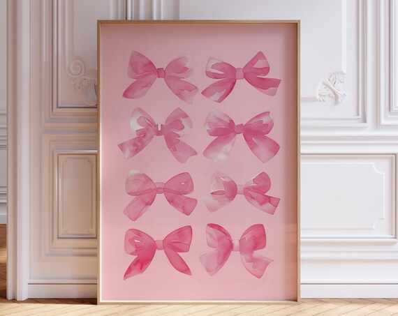 Pink Watercolor Bows Coquette Preppy Dorm Room Aesthetic Wall Art