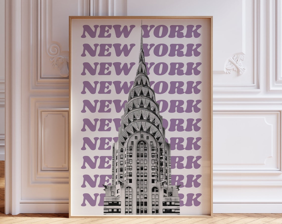 New York Chrysler Building Purple Typography Retro Travel Poster