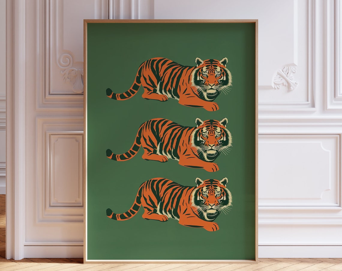 Three Retro Tigers Dark Green Vintage Jungle Big Cat Wall Print
