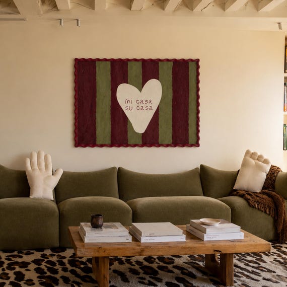 Mi Casa Su Quote Print Horizontal Above Bed Painting Wall Art Hand Drawn Mid Century Retro Khaki Burgundy Striped Typography Poster