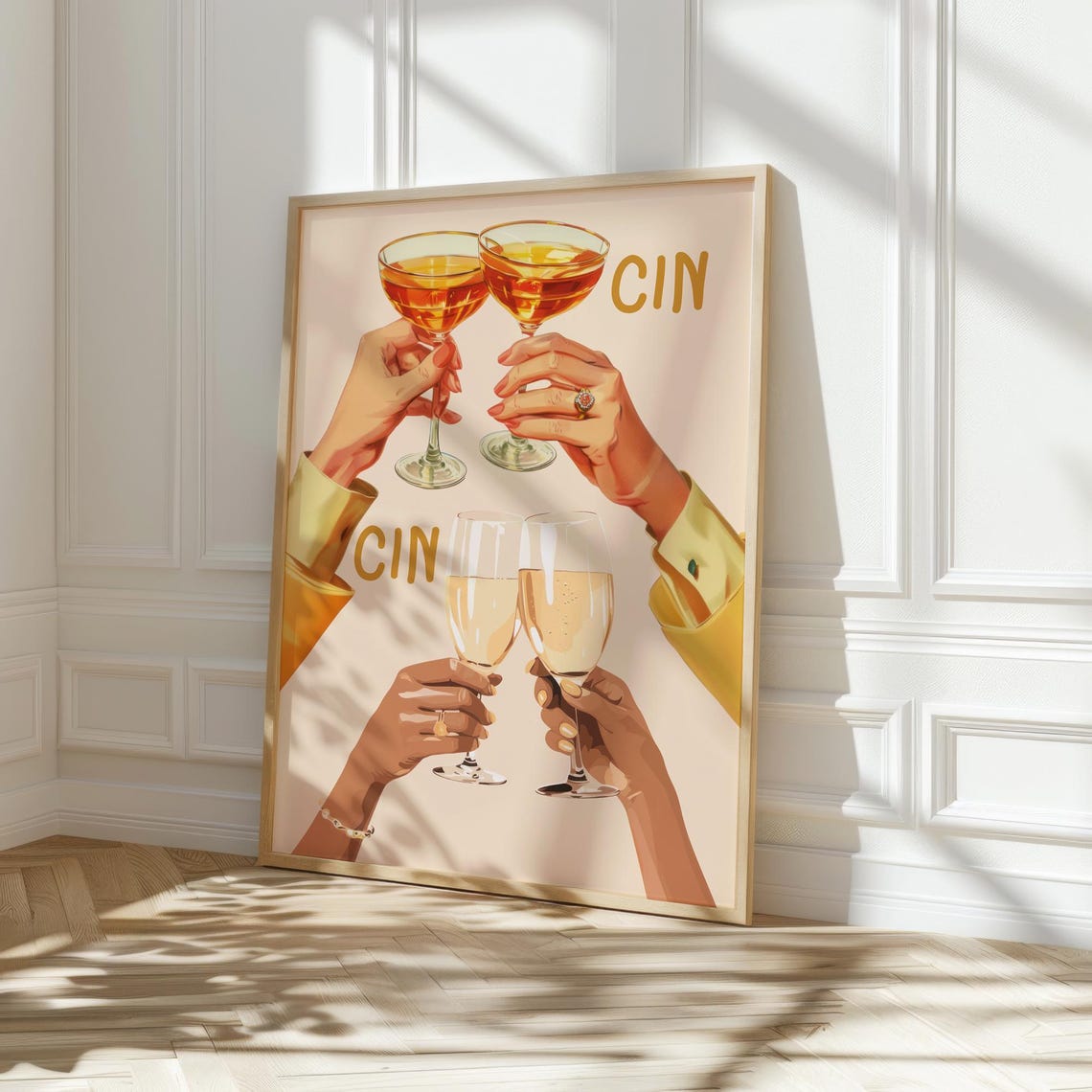 Cin Cin Cheers Cocktail Toast Retro Bar Cart Kitchen Wall Poster