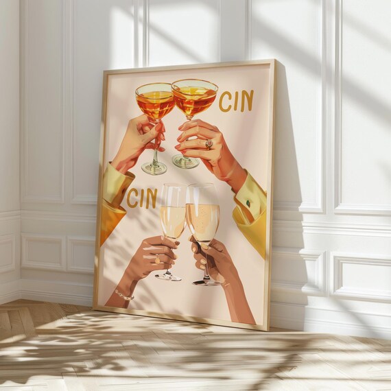 Cin Cin Cheers Cocktail Toast Retro Bar Cart Kitchen Wall Poster