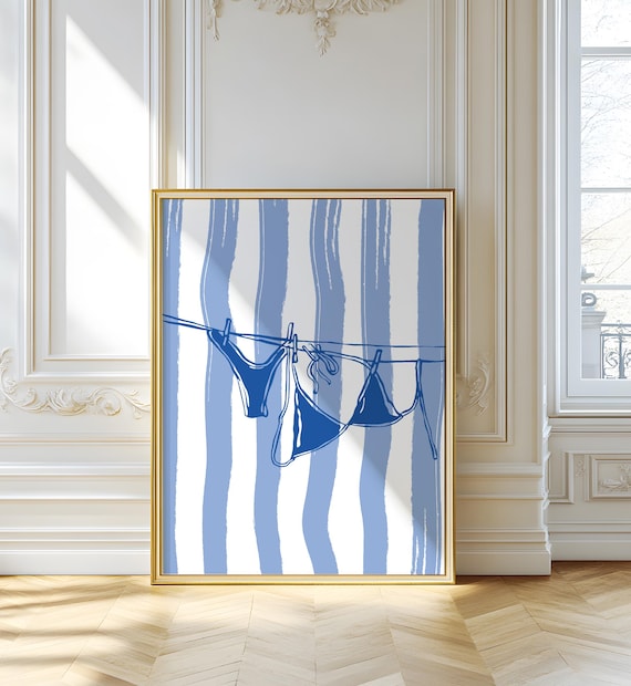 Blue Bikini Clothesline Coastal Beach House Swimsuit Wall Art