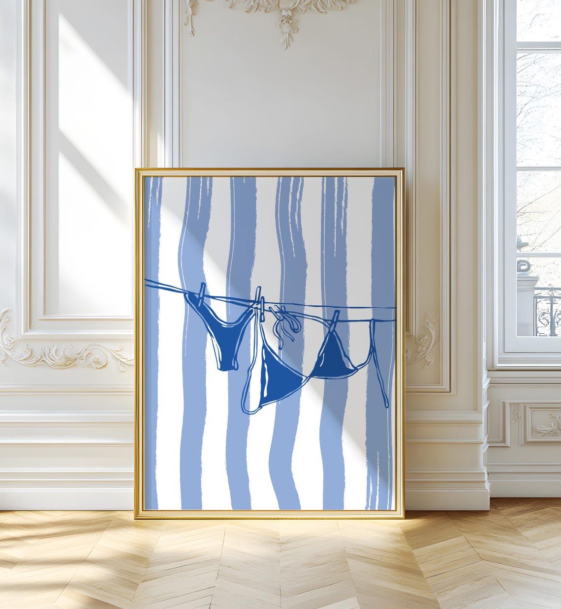 Blue Bikini Clothesline Coastal Beach House Swimsuit Wall Art