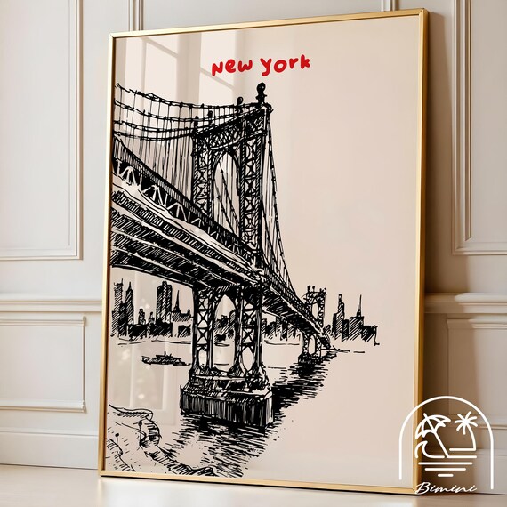 New York Bridge Sketch Travel Poster Hand Drawn Black Ink Art Gift