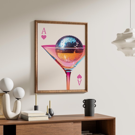 Pink Disco Ball Martini Glass Ace Card Funky Cocktail Bar Poster